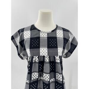Ace & Jig Black & White Check Clip Dot Top Short Sleeve Pleated Cotton Blouse S
